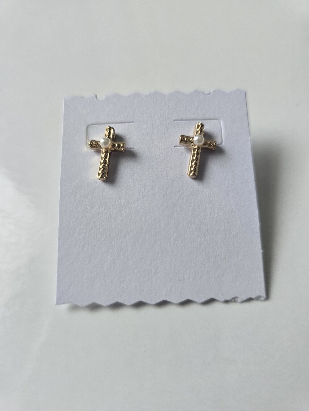Gold Color Cross / Pearl Stud Earrings - Women Jewelry